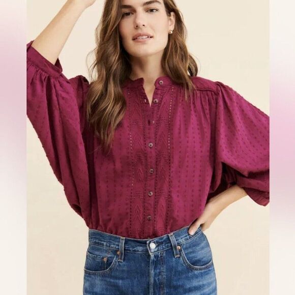 Anthropologie Pilcro Button Down Clip Dot Textured Puffed Sleeves Blouse (NWT) - Picture 1 of 5
